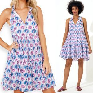 Oliphant NEW Sleeveless Tiered Cotton Mini Dress in Iris Blue Print -‎ Size XS